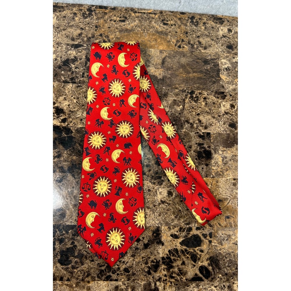 Vtg Utopia Red Rayon Celestial Tie Sun Moon Stars 90s Whimsigoth Astrology 59"